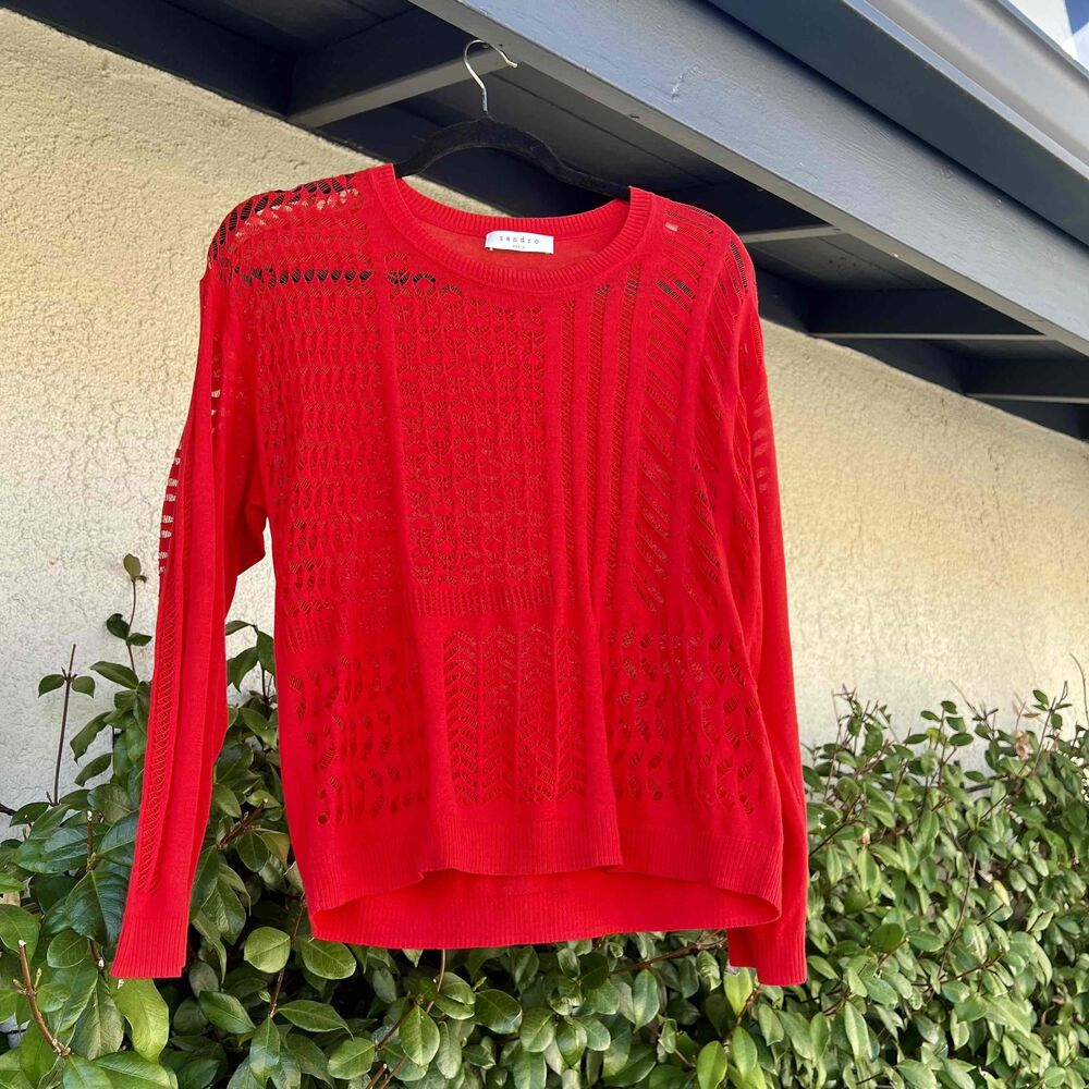 Sandro Paris Open-Knit Long Sleeve in Red - Size 1 Small